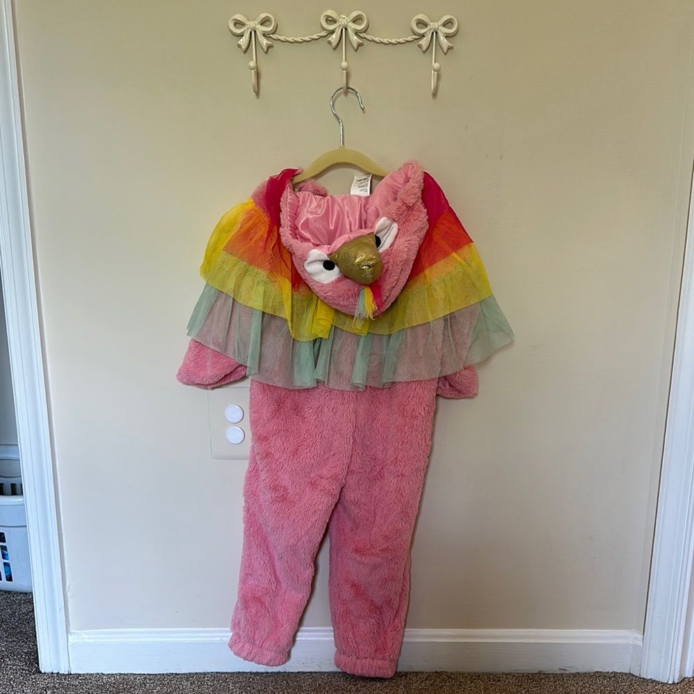 Kids Pink Parrot Costume with Yellow Belly and Rainbow Wings - 2-3T - Picture 2 of 3